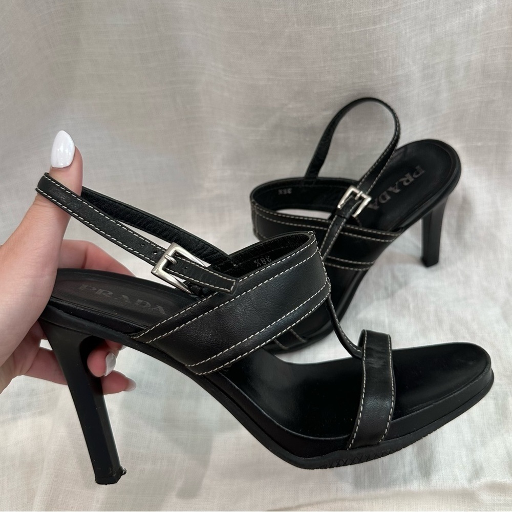 Prada black leather sling back high heels sandals - Picture 2 of 12